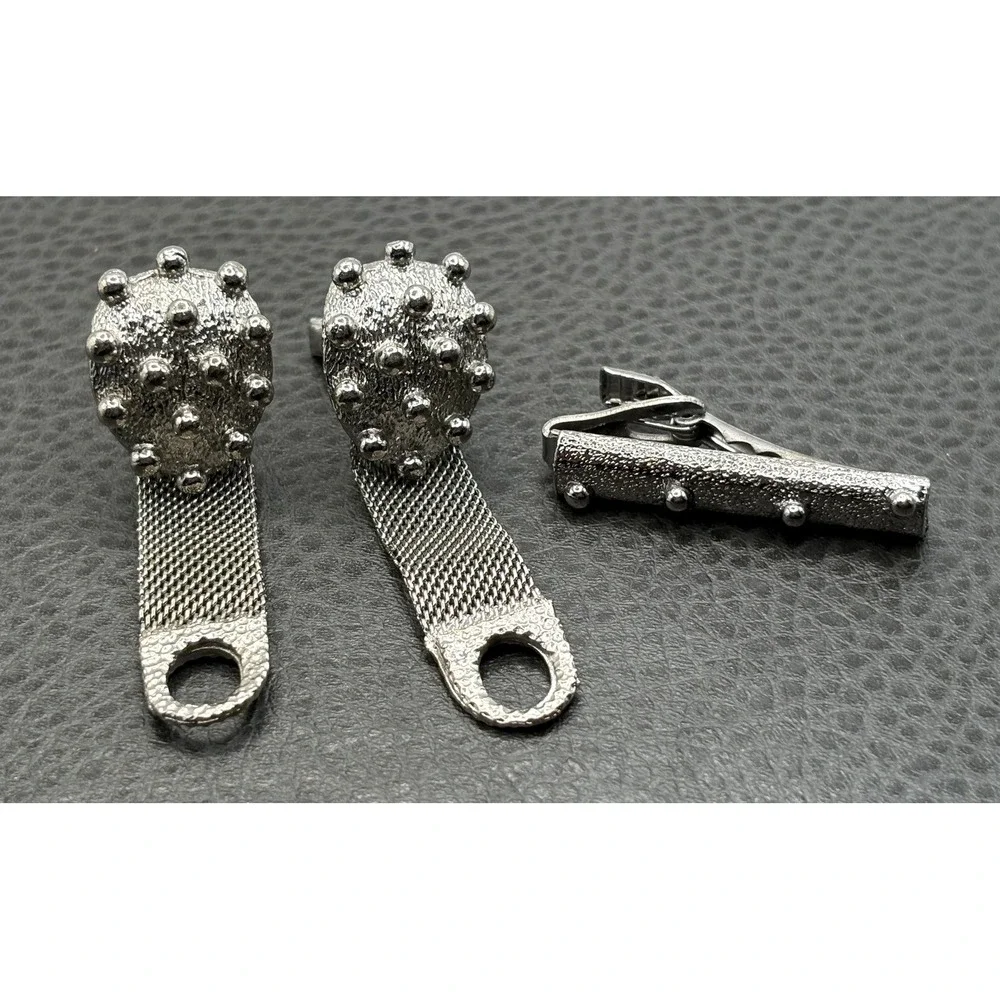 VTG Modernist Atomic MCM Stud Mesh Wrap Cufflinks Tie Clip Set Silver Tone